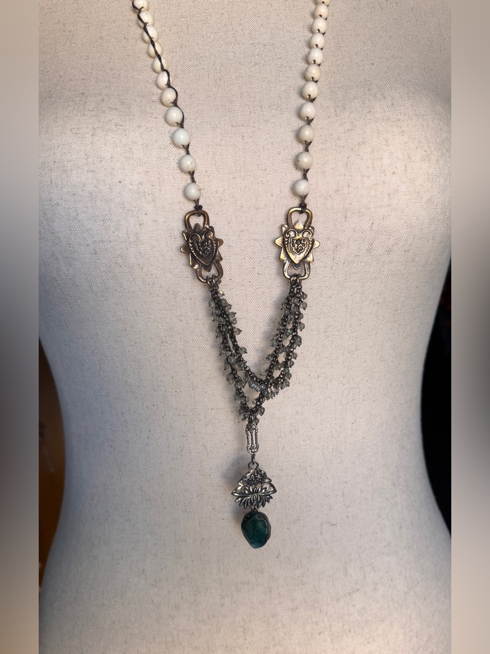 Love Heals "Audrey" Necklace White Beaded  with Green Pendant and Mixed